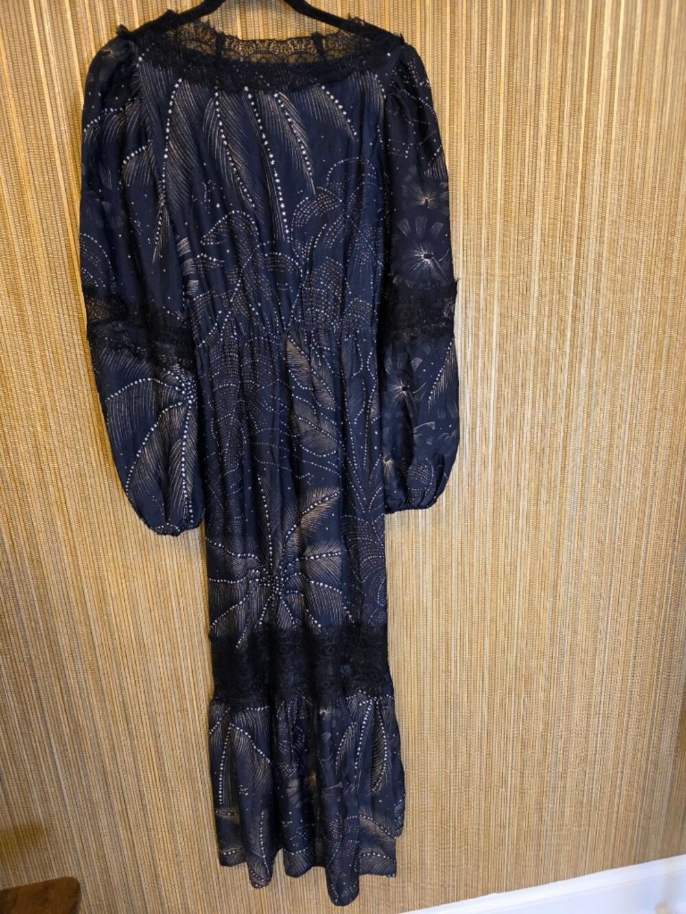 Farm Rio Anthropologie XS Black Metallic Tropical Print Midi Dress Balloon Stars - Picture 8 of 11